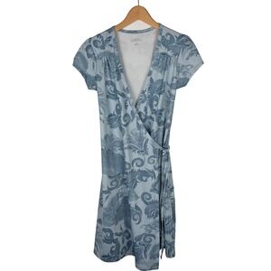 Athleta  Print Short Sleeve Wrap Dress Womens Small Blue Grey Made USA